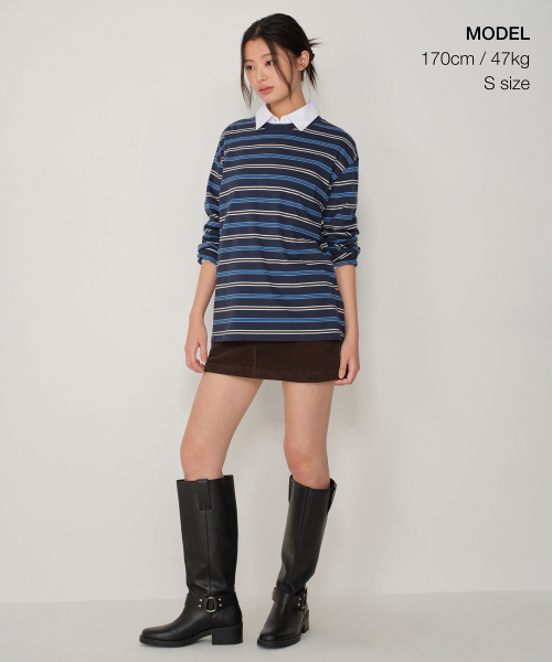 MUSINSA STANDARD WOMAN（ムシンサスタンダードウーマン）の「ウィメンズマルチストライプオーバーサイズ長袖Tシャツ[ネイビー/ブルー]（Tシャツ/カットソー・レディース・その他・X-SMALL/SMALL/MEDIUM/LARGE）」の2枚目の写真