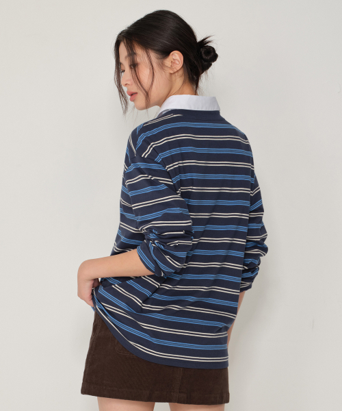 MUSINSA STANDARD WOMAN（ムシンサスタンダードウーマン）の「ウィメンズマルチストライプオーバーサイズ長袖Tシャツ[ネイビー/ブルー]（Tシャツ/カットソー・レディース・その他・X-SMALL/SMALL/MEDIUM/LARGE）」の3枚目の写真