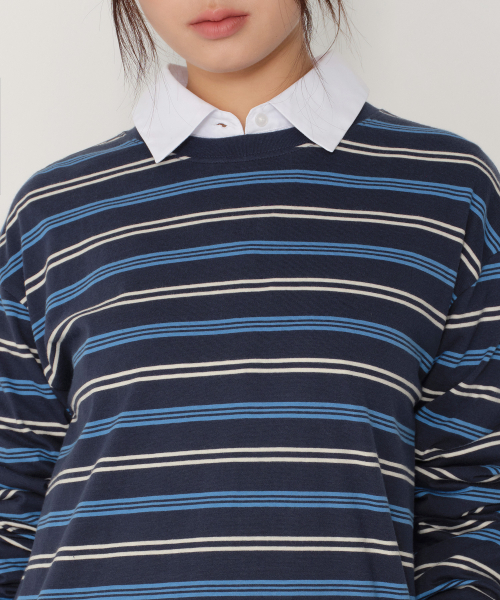 MUSINSA STANDARD WOMAN（ムシンサスタンダードウーマン）の「ウィメンズマルチストライプオーバーサイズ長袖Tシャツ[ネイビー/ブルー]（Tシャツ/カットソー・レディース・その他・X-SMALL/SMALL/MEDIUM/LARGE）」の4枚目の写真