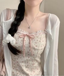 Sibra（シブラ）の「2点セット/2026SS新作/韓国風フェミニン花柄レースリボンキャミソール×シアーカーディガン（Tシャツ/カットソー）」