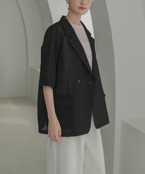 URBAN RESEARCH(アーバンリサーチ)の「シアーメッシュハーフスリーブジャケット(その他アウター・レディース・ベージュ/ブルー系その他/ブラック・FREE)」の4枚目の写真