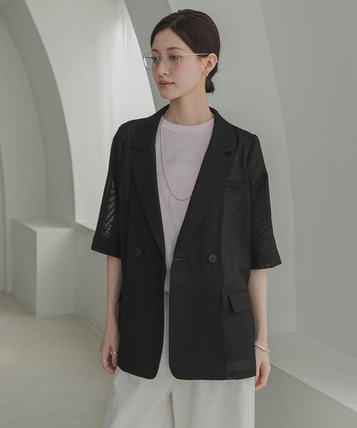 URBAN RESEARCH(アーバンリサーチ)の「シアーメッシュハーフスリーブジャケット(その他アウター・レディース・ベージュ/ブルー系その他/ブラック・FREE)」の5枚目の写真