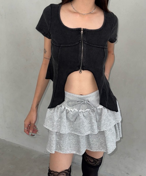 Bamm（バム）の「フロントジップデザインヘムT（Tシャツ/カットソー・レディース・ブラック/ホワイト/チャコールグレー・FREE）」の3枚目の写真