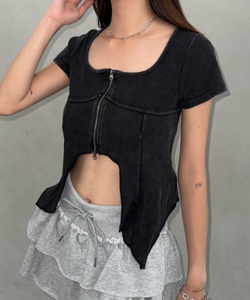 Bamm（バム）の「フロントジップデザインヘムT（Tシャツ/カットソー・レディース・ブラック/ホワイト/チャコールグレー・FREE）」の21枚目の写真