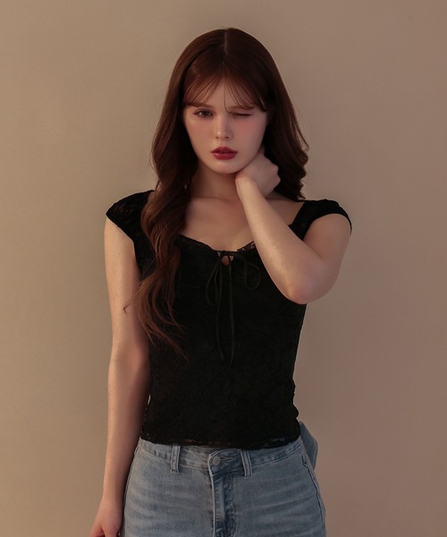 M DOLLY(エムドリー)の「Lace emma ribbon tops / レースエマリボントップス(その他トップス・レディース・ブラック/ホワイト・FREE)」の14枚目の写真