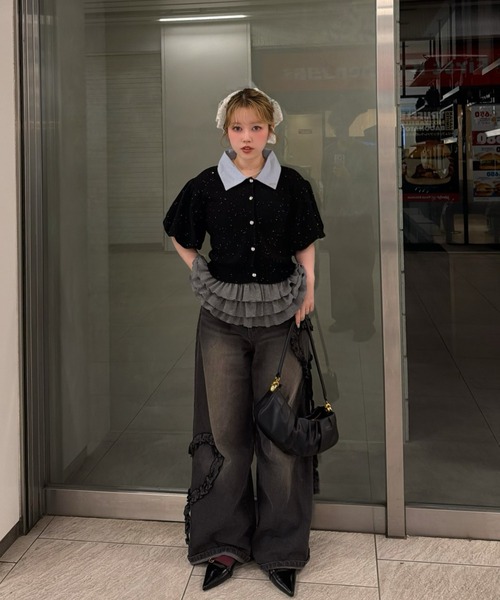 loin nuit（ロワンニュイ）の「spangle puff knit / スパンコールパフニット（ニット/セーター・レディース・ミント/イエロー/ブラック/ピンク・FREE）」の5枚目の写真