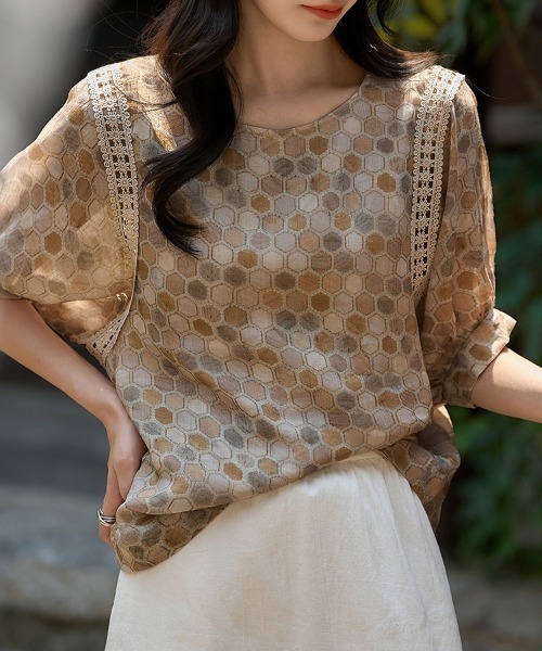 ONEP STAR(ワンピスター)の「総柄×レースデザイン半袖(シャツ/ブラウス・レディース・ネイビー/カーキ・MEDIUM/LARGE/X-LARGE)」の8枚目の写真