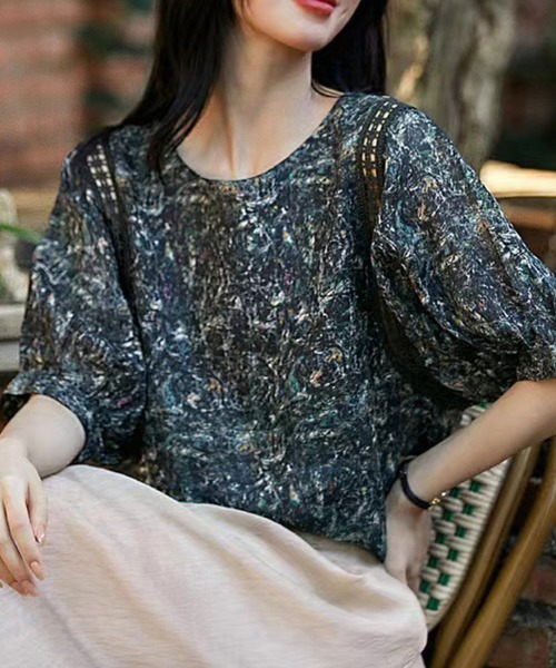 ONEP STAR(ワンピスター)の「総柄×レースデザイン半袖(シャツ/ブラウス・レディース・ネイビー/カーキ・MEDIUM/LARGE/X-LARGE)」の10枚目の写真