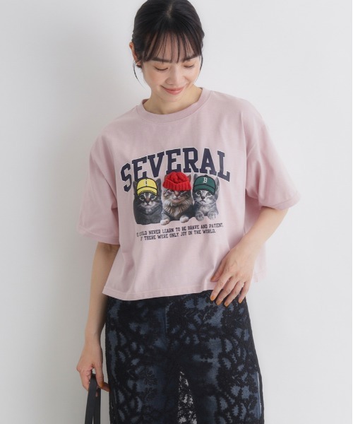 Right-on（ライトオン）の「HONEYSUCKLE ROSE(ハニーサックルローズ)ネコプリントショートTシャツ（Tシャツ/カットソー・レディース・ホワイト/ダークグレー/ライトピンク・L/M）」の3枚目の写真