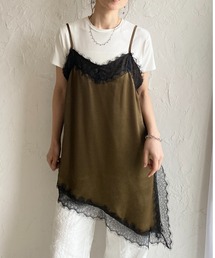 アシンメトリー ロング丈 サイドスリット イレヘム サテンレースキャミソール