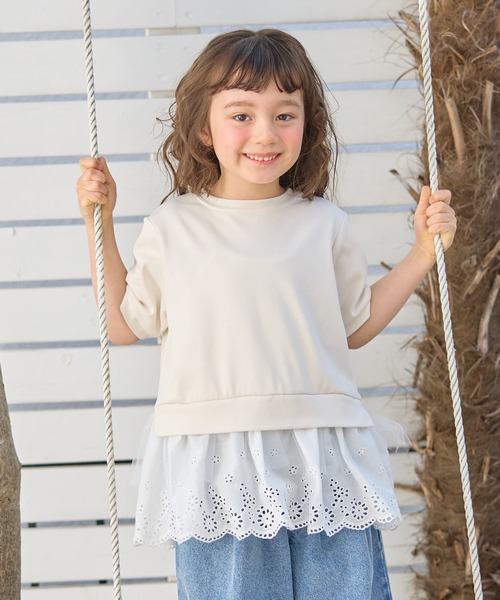 Piet(ピエット)の「裾レースチュール トップス(Tシャツ/カットソー・キッズ・ブラック/オフホワイト・110/100/120/130)」の1枚目の写真