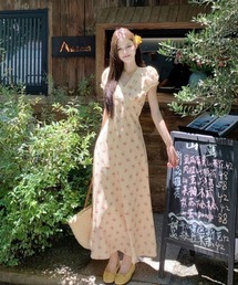 Vネック花柄ワンピース