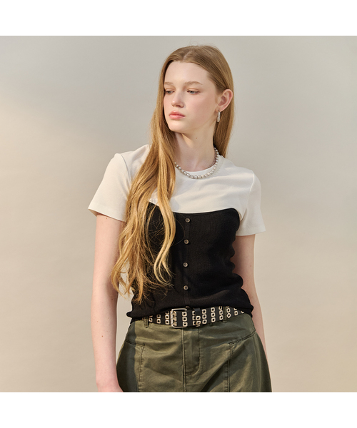 MAXZA(マージャコレクション)の「ビスチェレイヤード配色半袖Tシャツ(Tシャツ/カットソー・レディース・グレー/ブラック/スカイブルー・FREE)」の2枚目の写真