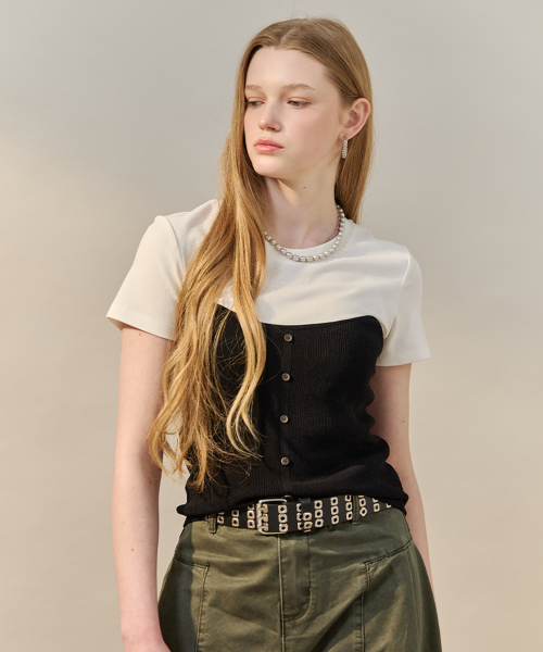MAXZA(マージャコレクション)の「ビスチェレイヤード配色半袖Tシャツ(Tシャツ/カットソー・レディース・グレー/ブラック/スカイブルー・FREE)」の4枚目の写真