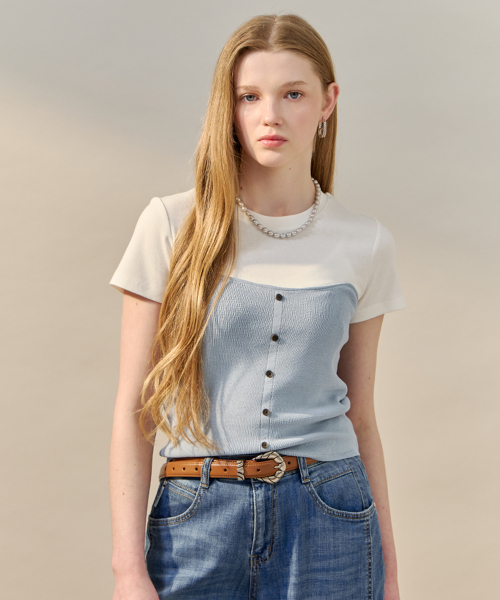 MAXZA(マージャコレクション)の「ビスチェレイヤード配色半袖Tシャツ(Tシャツ/カットソー・レディース・グレー/ブラック/スカイブルー・FREE)」の5枚目の写真