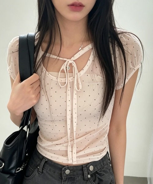 GEMEDA(ジェメダ)の「【韓国ガーリー】ドットシアーレースレイヤードトップス / メロウ半袖プルオーバー(Tシャツ/カットソー・レディース・ブルー/ライトベージュ/ブラック・M)」の1枚目の写真