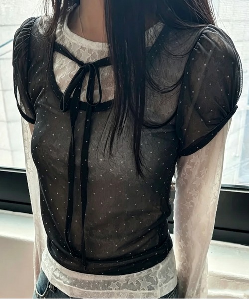 GEMEDA(ジェメダ)の「【韓国ガーリー】ドットシアーレースレイヤードトップス / メロウ半袖プルオーバー(Tシャツ/カットソー・レディース・ブルー/ライトベージュ/ブラック・M)」の3枚目の写真