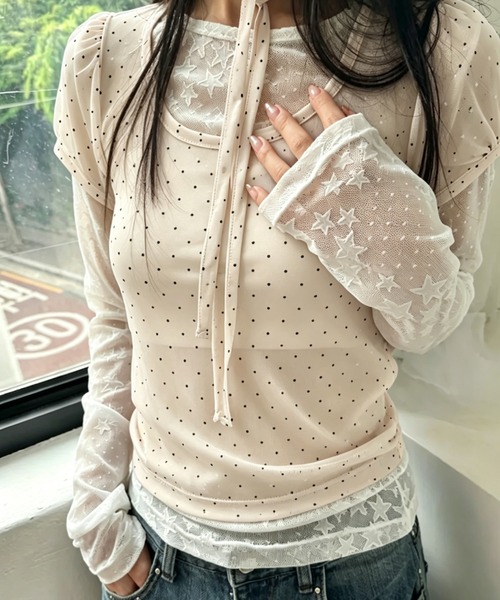 GEMEDA(ジェメダ)の「【韓国ガーリー】ドットシアーレースレイヤードトップス / メロウ半袖プルオーバー(Tシャツ/カットソー・レディース・ブルー/ライトベージュ/ブラック・M)」の7枚目の写真