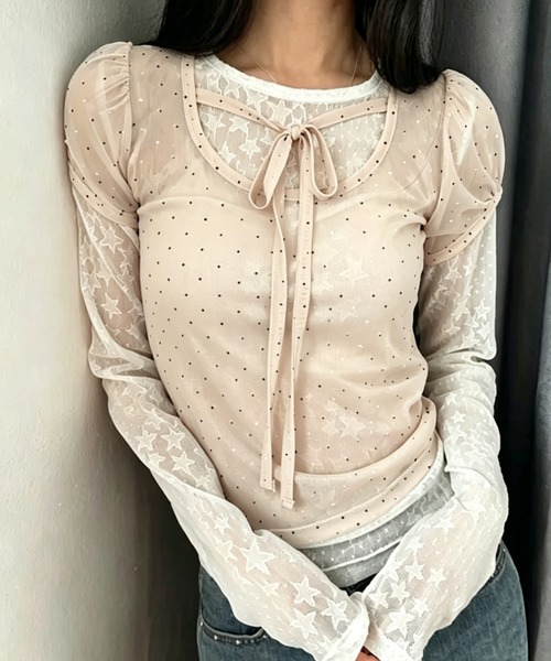 GEMEDA(ジェメダ)の「【韓国ガーリー】ドットシアーレースレイヤードトップス / メロウ半袖プルオーバー(Tシャツ/カットソー・レディース・ブルー/ライトベージュ/ブラック・M)」の8枚目の写真