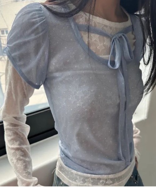GEMEDA(ジェメダ)の「【韓国ガーリー】ドットシアーレースレイヤードトップス / メロウ半袖プルオーバー(Tシャツ/カットソー・レディース・ブルー/ライトベージュ/ブラック・M)」の11枚目の写真