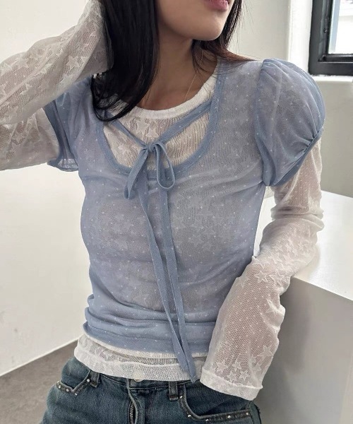 GEMEDA(ジェメダ)の「【韓国ガーリー】ドットシアーレースレイヤードトップス / メロウ半袖プルオーバー(Tシャツ/カットソー・レディース・ブルー/ライトベージュ/ブラック・M)」の12枚目の写真