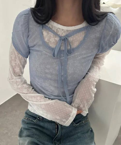 GEMEDA(ジェメダ)の「【韓国ガーリー】ドットシアーレースレイヤードトップス / メロウ半袖プルオーバー(Tシャツ/カットソー・レディース・ブルー/ライトベージュ/ブラック・M)」の14枚目の写真