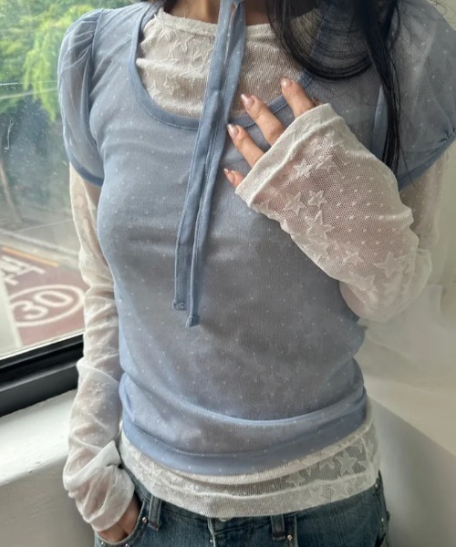 GEMEDA(ジェメダ)の「【韓国ガーリー】ドットシアーレースレイヤードトップス / メロウ半袖プルオーバー(Tシャツ/カットソー・レディース・ブルー/ライトベージュ/ブラック・M)」の15枚目の写真