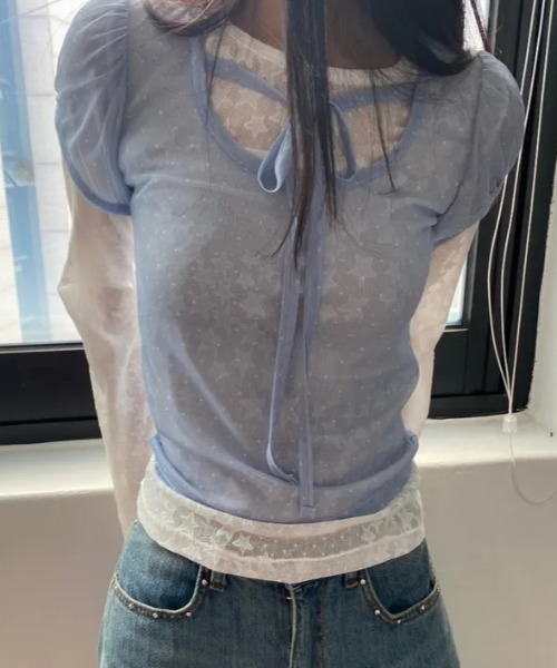 GEMEDA(ジェメダ)の「【韓国ガーリー】ドットシアーレースレイヤードトップス / メロウ半袖プルオーバー(Tシャツ/カットソー・レディース・ブルー/ライトベージュ/ブラック・M)」の16枚目の写真