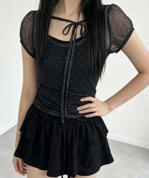 GEMEDA(ジェメダ)の「【韓国ガーリー】ドットシアーレースレイヤードトップス / メロウ半袖プルオーバー(Tシャツ/カットソー・レディース・ブルー/ライトベージュ/ブラック・M)」の18枚目の写真