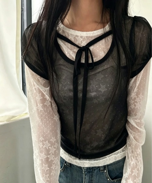 GEMEDA(ジェメダ)の「【韓国ガーリー】ドットシアーレースレイヤードトップス / メロウ半袖プルオーバー(Tシャツ/カットソー・レディース・ブルー/ライトベージュ/ブラック・M)」の19枚目の写真