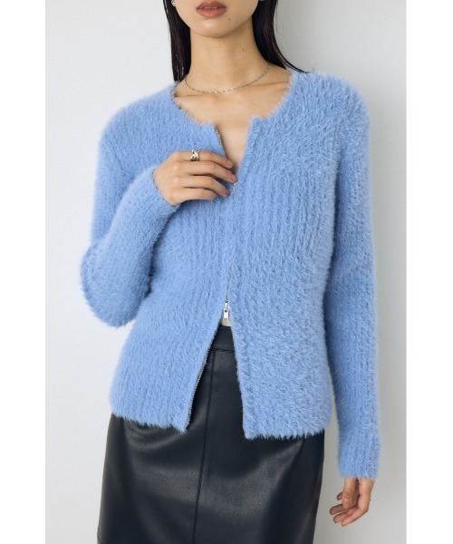 AZUL by moussy(アズールバイマウジー)の「【大人かわいい。大本命】ダブルジップシャギーニットカーディガン 羽織り トップス 2サイズ着丈差(カーディガン/ボレロ・レディース・ブルー/ブラウン/チャコールグレー/オフホワイト・SMALL/MEDIUM)」の4枚目の写真