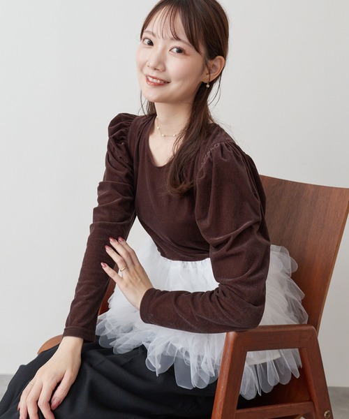 archives(アルシーヴ)の「ベロアチュールドッキングTOPS(Tシャツ/カットソー・レディース・ブラック/ブラウン/モカ・MEDIUM)」の1枚目の写真
