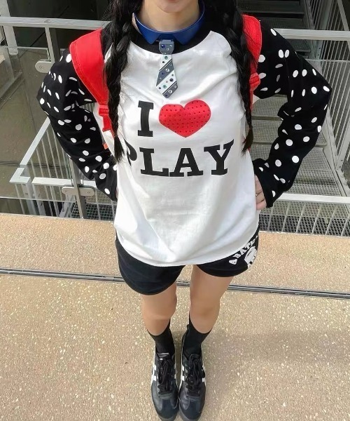 SHERU(シェル)の「ドットスリーブ I?ロゴ ラグランTシャツ(Tシャツ/カットソー・レディース・ブラック/ブラウン・M)」の1枚目の写真