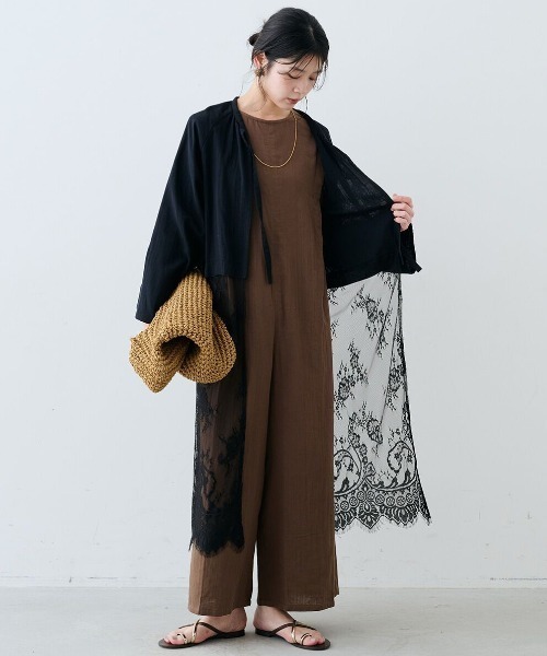 mensha!(メンシャ)の「mensha! ヴィンテージライクなチャーチスモック風ロングガーゼカーディガン(カーディガン/ボレロ・レディース・ブラック/ホワイト・LL/L/M)」の4枚目の写真