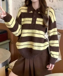 襟付きマルチボーダー ハーフボタンニットポロシャツ