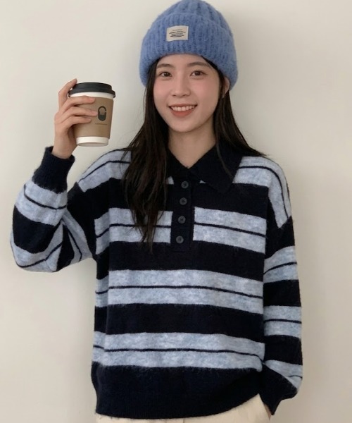 Teem Store(チームストア)の「襟付きマルチボーダー ハーフボタンニットポロシャツ(ニット/セーター・レディース・イエロー/レッド/ネイビー・M)」の11枚目の写真