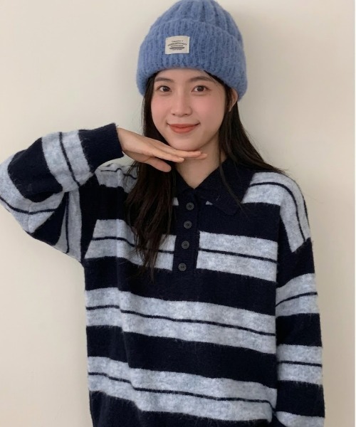 Teem Store(チームストア)の「襟付きマルチボーダー ハーフボタンニットポロシャツ(ニット/セーター・レディース・イエロー/レッド/ネイビー・M)」の10枚目の写真
