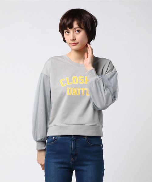 VENCEEXCHANGE（ヴァンスエクスチェンジ）の「袖チュール重ねロゴ裏毛プルオーバー  （スウェット・レディース・グレー/オフホワイト/グリーン・MEDIUM）」の3枚目の写真