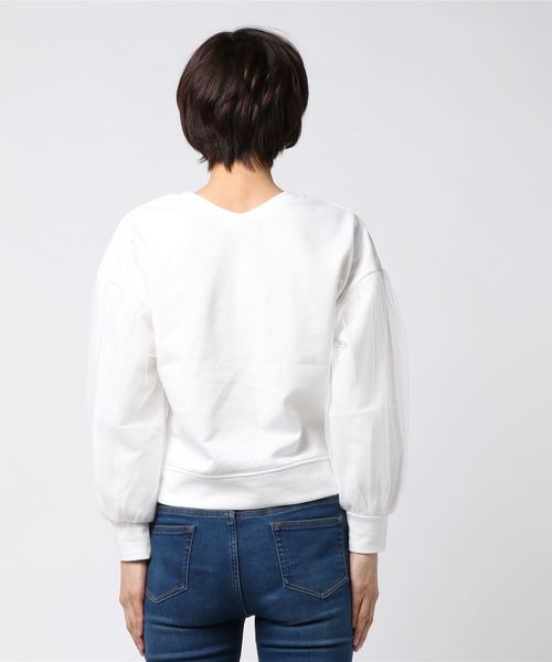 VENCEEXCHANGE（ヴァンスエクスチェンジ）の「袖チュール重ねロゴ裏毛プルオーバー  （スウェット・レディース・グレー/オフホワイト/グリーン・MEDIUM）」の5枚目の写真