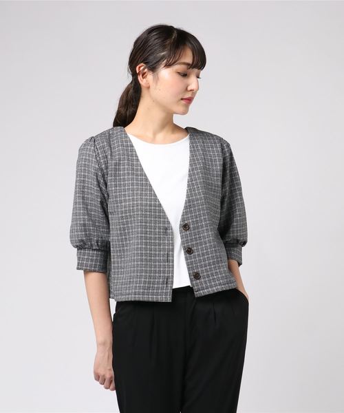 flower（フラワー）の「ポリッシュチェックジャケット（ノーカラージャケット・レディース・ブラック/ブラウン・FREE）」の7枚目の写真