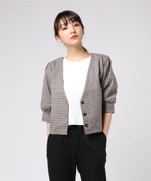 flower（フラワー）の「ポリッシュチェックジャケット（ノーカラージャケット・レディース・ブラック/ブラウン・FREE）」の6枚目の写真
