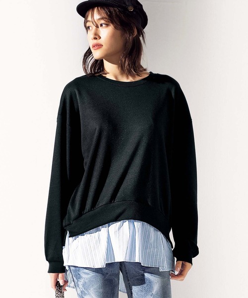 GeeRA(ジーラ)の「シャツレイヤード風裏毛プルオーバー(Tシャツ/カットソー・レディース・ブラック/杢グレー・MEDIUM/LARGE/X-LARGE/XX-LARGE)」の1枚目の写真