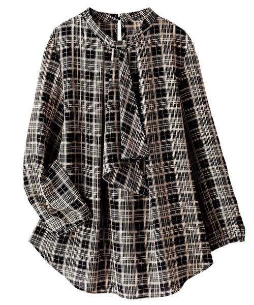 BELLUNA（ベルーナ）の「ジョーゼット素材ドレープボウタイブラウス（シャツ/ブラウス・レディース・ベージュ/オフホワイト/ストライプ/ブラック/ネイビー・LARGE/X-LARGE/MEDIUM）」の4枚目の写真