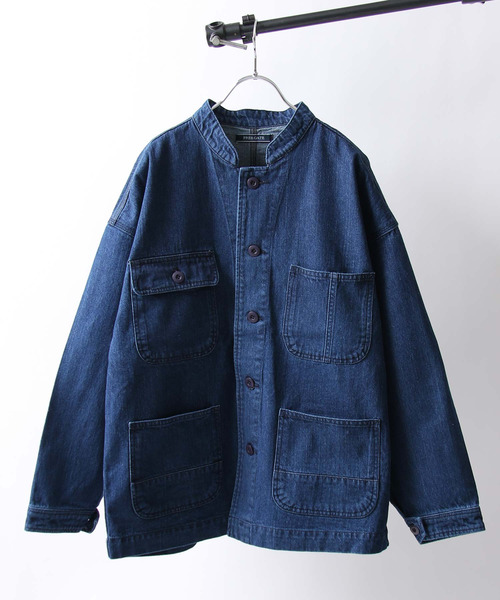 ZIP FIVE（ジップファイブ）の「【ZIP FIVE】スラブデニムノーカラーワークジャケット（ノーカラージャケット・メンズ・ネイビー/ストライプ/ブルー・MEDIUM/LARGE/X-LARGE/SMALL）」の2枚目の写真