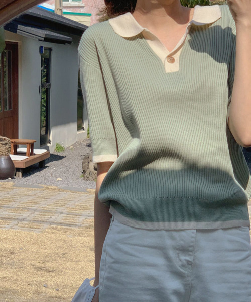 emi+（エミプラス）の「配色リブポロリブニットプルオーバー（Tシャツ/カットソー・レディース・ネイビー/ライトグリーン・FREE）」の21枚目の写真