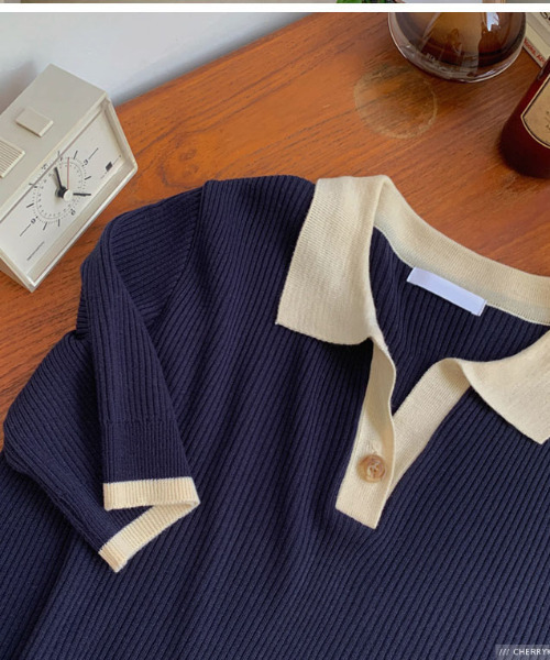 emi+（エミプラス）の「配色リブポロリブニットプルオーバー（Tシャツ/カットソー・レディース・ネイビー/ライトグリーン・FREE）」の4枚目の写真