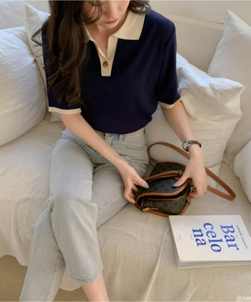 emi+（エミプラス）の「配色リブポロリブニットプルオーバー（Tシャツ/カットソー・レディース・ネイビー/ライトグリーン・FREE）」の15枚目の写真