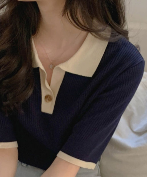 emi+（エミプラス）の「配色リブポロリブニットプルオーバー（Tシャツ/カットソー・レディース・ネイビー/ライトグリーン・FREE）」の19枚目の写真
