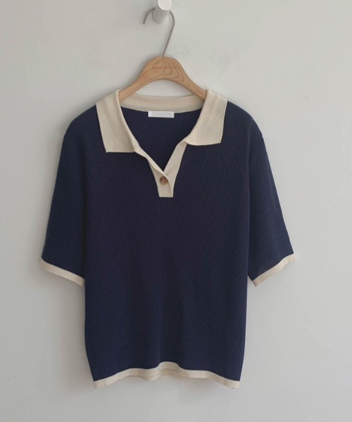 emi+（エミプラス）の「配色リブポロリブニットプルオーバー（Tシャツ/カットソー・レディース・ネイビー/ライトグリーン・FREE）」の5枚目の写真