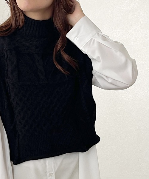 Shelly island(シェリーアイランド)の「ケーブルショートニットベスト(ベスト・レディース・ホワイト/ブラック・FREE)」の18枚目の写真